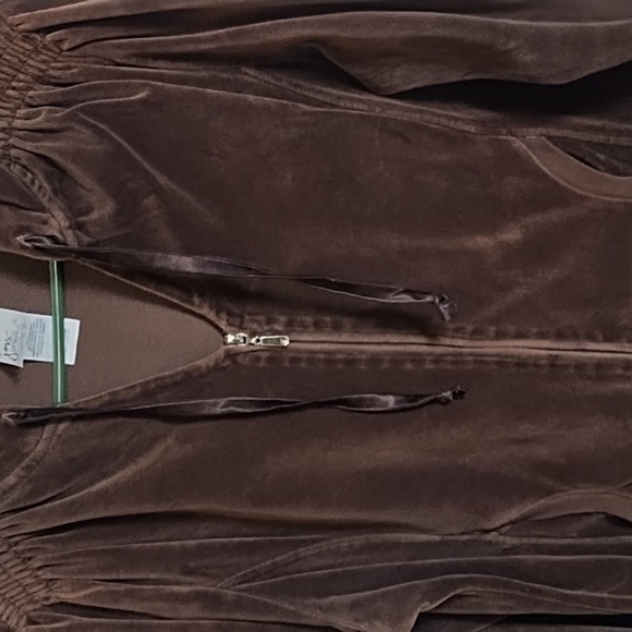 JMS Brown Velour Hooded Jacket Top 1X 16W Detailed Shoulder Pockets Zip Front - Picture 11 of 12